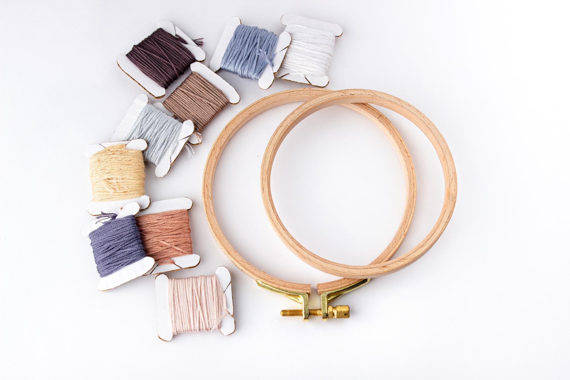studio workspace with hoop and threads